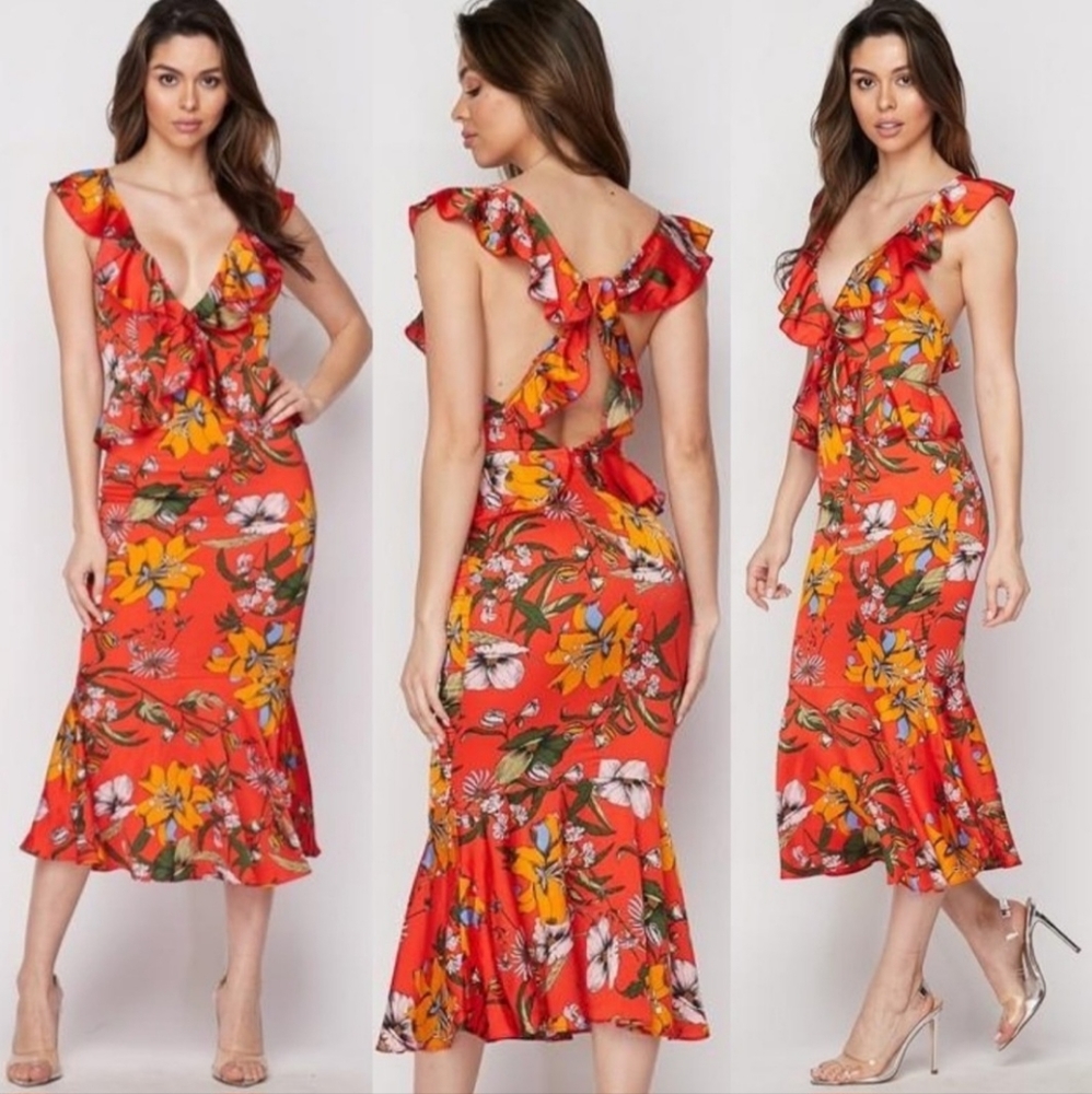 NWT-BANJUL Floral Ruffled Mermaid Midi Dress - Orange